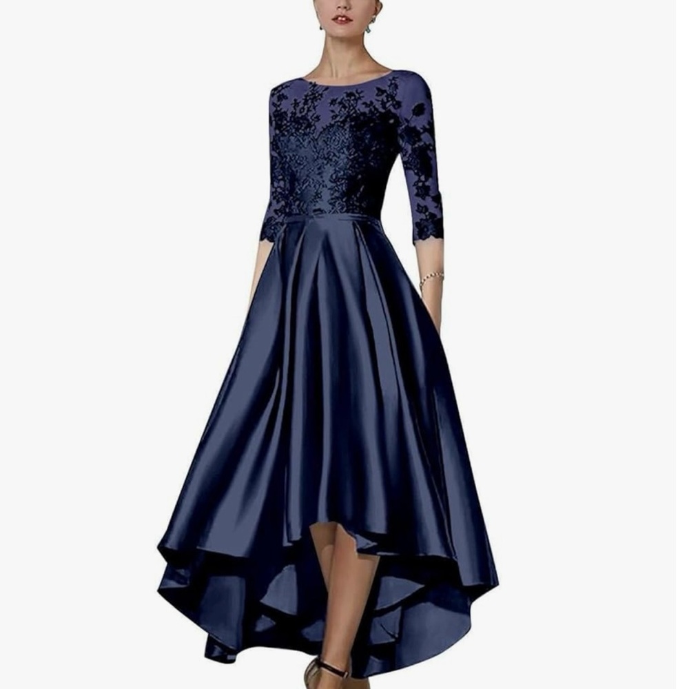 Elegant Silk and Lace Navy Blue High Low dress